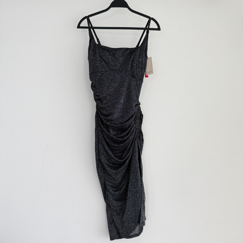 Black Sparkle Ruched Midi Dress with Spaghetti Straps